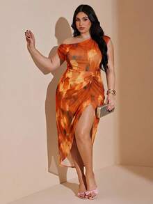 SHEIN BAE Plus Size Women's Asymmetric Ruched Waist Slit Elegant Party Dress - Orange - View 1