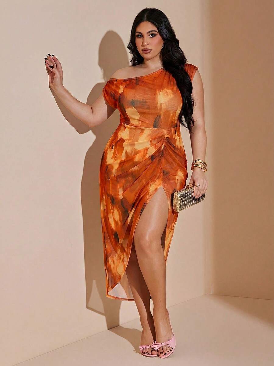 SHEIN BAE Plus Size Women's Asymmetric Ruched Waist Slit Elegant Party Dress - Orange - View 1