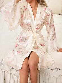 CottageSlumber Women's Ruffled Faux Silk Romantic Ditsy Floral Sleepwear Robe, Summer - White - View 5
