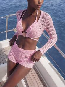 Maija Women's Solid Color Metal Decor Casual Versatile Daily Wear Long Sleeve Top - Pink - View 6