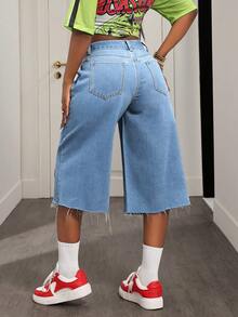 BamGleam Damen Jeans mit ausgefranstem Saum, bestickter Tasche und weiter Passform - Mittele Waschung - Übersicht 2