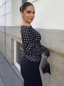 Marta Soriano Áo thun nữ tay dài in họa tiết chấm bi trễ vai cánh dơi thời trang, mùa thu đông dành cho nữ, Halloween, năm mới, lễ tạ ơn dành cho nữ, tiệc tùng, bãi biển, tay dài chấm bi, áo thường ngày - màu đen - Xem 6