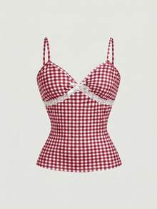MOD Camiseta ajustada de mujer con estampado floral, encaje de contraste y lazo decorativo, estilo casual de campo y vacaciones de verano - Verde - Ver 10