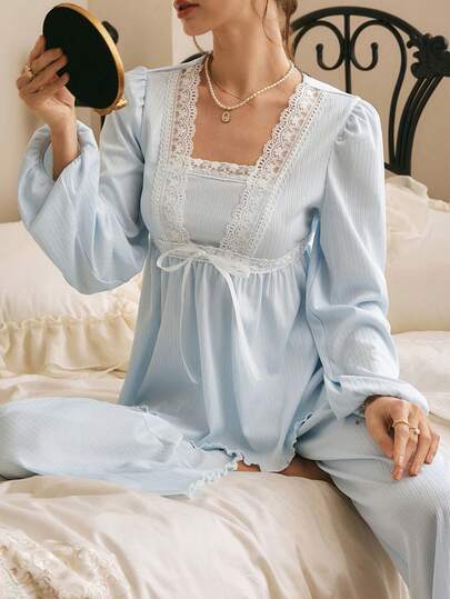 法国南部优雅成熟撞色蕾丝女士睡衣套装