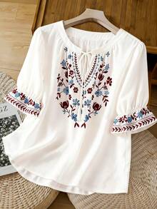 EMERY ROSE Elegant Plus Size White Shirt With Wrist Length Flounce Sleeves Boho Floral Embroidery And Notched Lace Up Design Fall - White - View 1