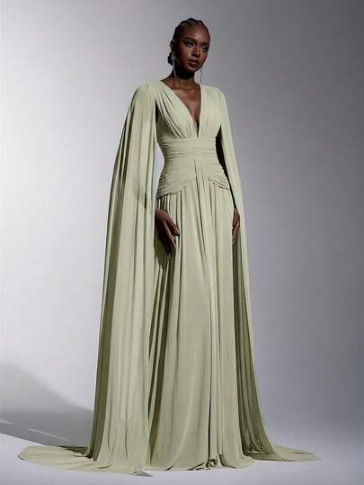 Elitara Đầm dạ hội dáng chữ A thanh lịch, lãng mạn, thời trang, cổ chữ V sâu, chất liệu lưới co giãn, có áo choàng xếp nếp, làm từ vải lưới, thích hợp cho tiệc cưới, tiệc độc thân hoặc các dịp trang trọng khác.