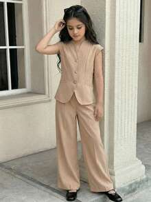 SHEIN Tween Girl Elegant Solid Apricot Short Sleeve Blazer & Wide Leg Pants 2 Pieces Suit, Commuting Outfit - Brown - View 10