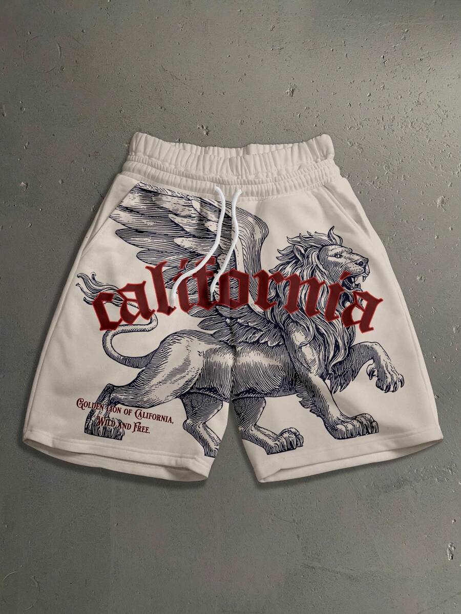 StoneGrade 哥特风鹰翼狮身人面像素描印花宽松休闲抽绳短裤,时尚百搭,适合约会和聚会,是送给男友的理想礼物 - 卡其色 - 查看 1