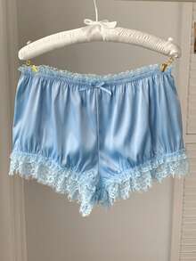 Comfortcana Quần short nữ bằng vải satin phối ren, trang trí nơ. - Màu xanh lam - Xem 4
