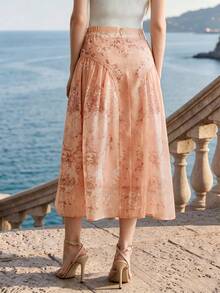 Anewsta 女士优雅数码印花喇叭裙 - 珊瑚橙 - 查看 7