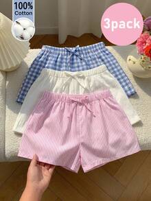 SHEIN 3件套少女梭织纯色条纹格子休闲短裤套装，三件套少女夏季短裤，少女服装，少女短裤，格子短裤，条纹短裤，柔软透气，少女弹力腰带短裤，夏季舒适日常穿着 - 彩色 - 查看 4