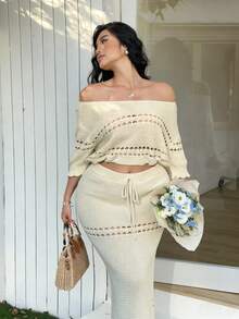 Sunnyshic Plus Size Women's Elegant, Sexy, Bohemian Style Off-Shoulder, Hollow-Out, Ruffle, Cinched Waist Short Knit Top And Drawstring Tie, Straight, Slimming Long Skirt Set, Suitable For Dates, Festivals, Picnics, Photoshoots, Vacations Now Trending Outfits For Women 2 Piece Two Piece Casual Sets Knitwear 2 Piece Zoey Outfit Daily Wear Casual Vacation Cruise Travel Beach Sunbathing - Apricot - View 5