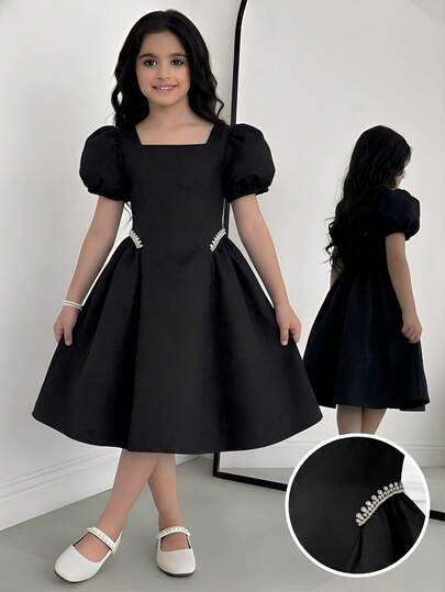 SHEIN Đầm tay phồng đính đá lấp lánh, chất liệu vải dệt họa tiết, thích hợp cho bé gái dự tiệc, đi chơi, đi học, nghỉ hè.