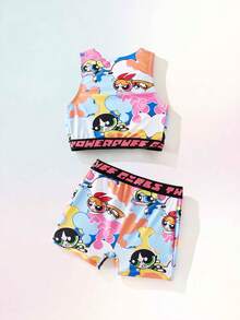 THE POWERPUFF GIRLS X SHEIN Maija Kids 2件套少女卡通字母印花泳衣套装，春夏款 - 彩色 - 查看 4