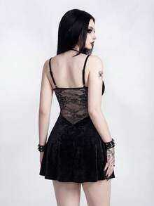 Glisette Đầm ngắn gợi cảm bằng nhung đen phối ren tương phản dành cho nữ - màu đen - Xem 2