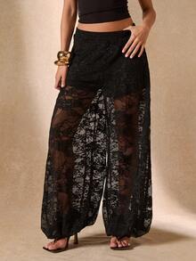 SHEIN BAE Sheer Lace Lantern Pants, Elegant Ankle-Length Trousers For Women, Suitable Outings, Brunch, Summer, Weddings Beach Rave, Vacations,-Black Floral Wide - Black - View 5