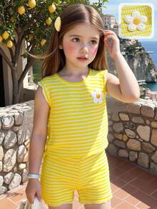 SHEIN Vintaside Kids Bộ 2 món gồm áo vest và quần short dệt kim sọc vàng dáng rộng dành cho bé gái, thích hợp cho mặc hàng ngày, đi nghỉ mát, chơi thể thao, mùa hè. - Màu vàng - Xem 3