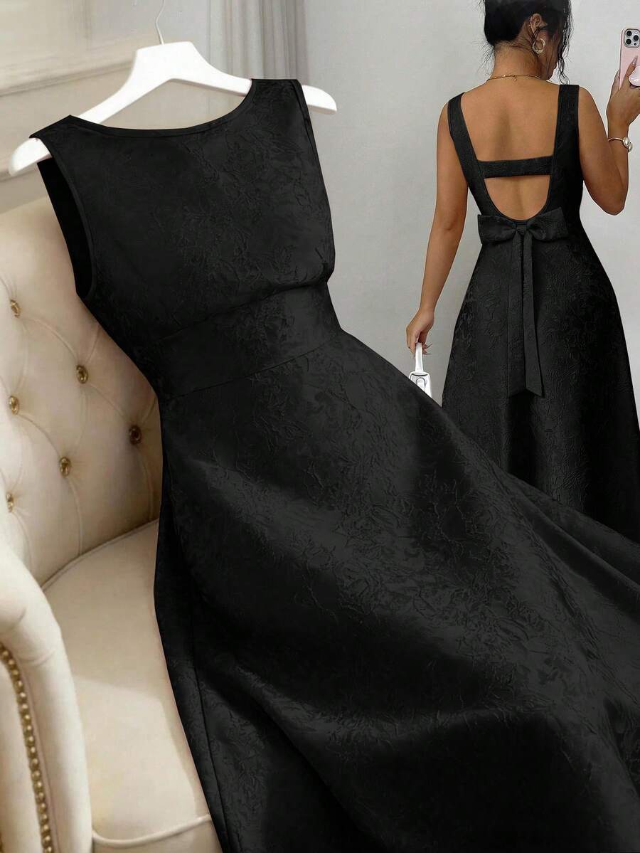 SHEIN Elenzya Đầm nữ Jacquard hở lưng thanh lịch dáng dài vừa, màu đen, thời trang khách mời đám cưới mùa hè, eo nhún, dáng chữ A, phong cách Pháp cổ điển, không tay, đầm tiệc - màu đen - Xem 1