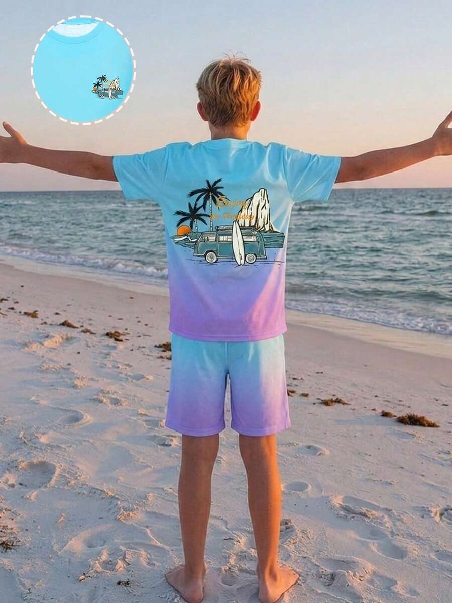 Vacaura Conjunto de camiseta y pantalones cortos con estampado de palmeras en degradado azul y morado para niño preadolescente, primavera/verano - Multicolor - Ver 1