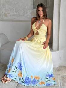 Aloruh Women's Spring/Summer New Halter Tie A-Line Super Long Placement Floral Print Dress, Suitable For Beach, Vacation, Sand, Travel - Multicolor - View 7