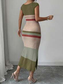 Elenzga Women's Spring/Summer New U-Neck Fitted Mid-Length Hem Slit Half Sleeve Elegant High-End Knit Dress, Striped Design, Versatile Lady Style - Multicolor - View 2