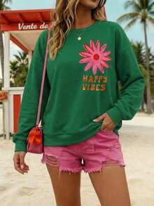 SHEIN EZwear 女士卫衣，休闲街头风印花夏季卫衣，可爱夏季卫衣，女士假日卫衣，碎花图案卫衣，女士夏季卫衣，女士春季卫衣，复古卫衣，女士夏季卫衣，女士卫衣，复古卫衣，女士活力卫衣，印花卫衣，绿色碎花印花卫衣 - 彩色 - 查看 2