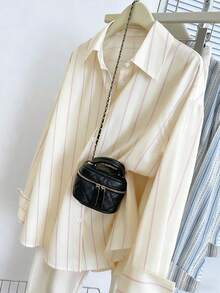 Women's Casual Commuter Striped Front Button Down Long Sleeve Shirt - Apricot - View 4