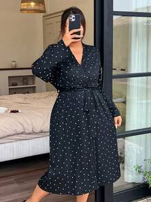 Napfluff CURVE Napfluff CURVE Plus Size Women's Knitted Ribbed Fabric Heart Print Cute Sweet Casual Minimalist Long Sleeve Sleepwear Robe, Black - Black - View 6
