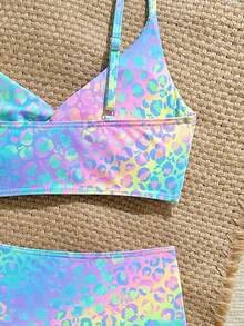 SHEIN 两件套少女格子碎花弹力速干舒适针织面料连体泳衣套装，适合游泳池、海滩、冲浪、度假、夏季旅行 - 彩色 - 查看 5