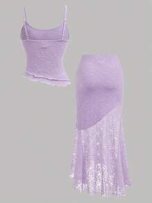 SHEIN Tween Girl Casual Minimalist Comfortable Asymmetrical Hem Tank Top & Fishtail Hem Skirt Set Tween Girl - Mauve Purple - View 2