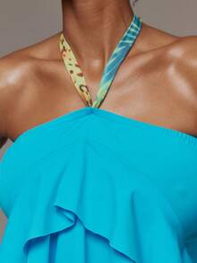 MUSERA 性感撞色吊带露背荷叶边上衣，春夏伊比沙岛音乐节度假可爱性感Y2K夜店热带诱惑 - 綠色 - 查看 6