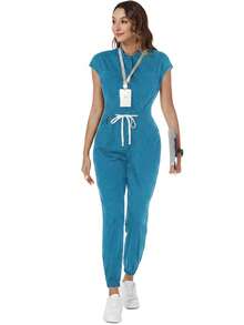 TaskEZ Uniforme de enfermera quirúrgica de mujer  TaskFit, bata de enfermera, uniforme de trabajador de salud con estampado de escarcha, mono con mangas de hombro, 4 bolsillos y cordón en la cintura - verde menta - Ver 3