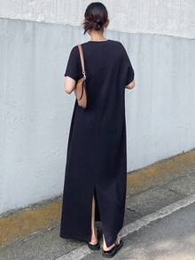 Women's Metal Zipper Casual Solid Color Loose Summer Short Sleeve Dress, Vacation & Graduation Outfit - Navy Blue - View 2