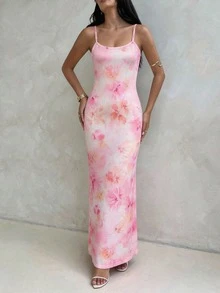 SHEIN Đầm hè nữ, đầm dự tiệc thanh lịch, đầm đi biển, đầm dự tiệc, trang phục nghỉ hè, đầm ôm sát gợi cảm họa tiết hoa. - Hồng - Xem 3