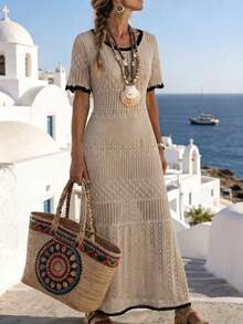 Franclia 2026春夏新款欧美风性感修身腰部休闲度假日常户外女士浪漫海滩派对晚宴海边针织米色女式毛衣连衣裙，镂空慵懒舒适 - 卡其色 - 查看 9