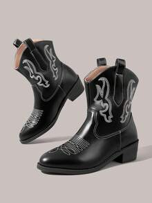 Styleloop Giày bốt nữ màu trắng kiểu miền Tây, bốt da mũi nhọn gót dày cổ chữ V, bốt cao đến đầu gối thêu họa tiết gót thấp và bốt cổ ngắn. - Màu đen - Xem 5