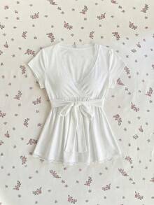 Sweetra Petite Áo thun nữ cổ chữ V buộc dây màu trắng kiểu Pháp lãng mạn phối ren, thích hợp mặc mùa xuân/hè. - trắng - Xem 2