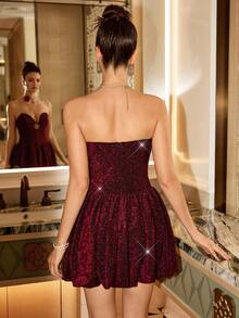 Poshira Women's Deep V-Neck Peplum Cocktail Party Dress - Burgundy - View 2