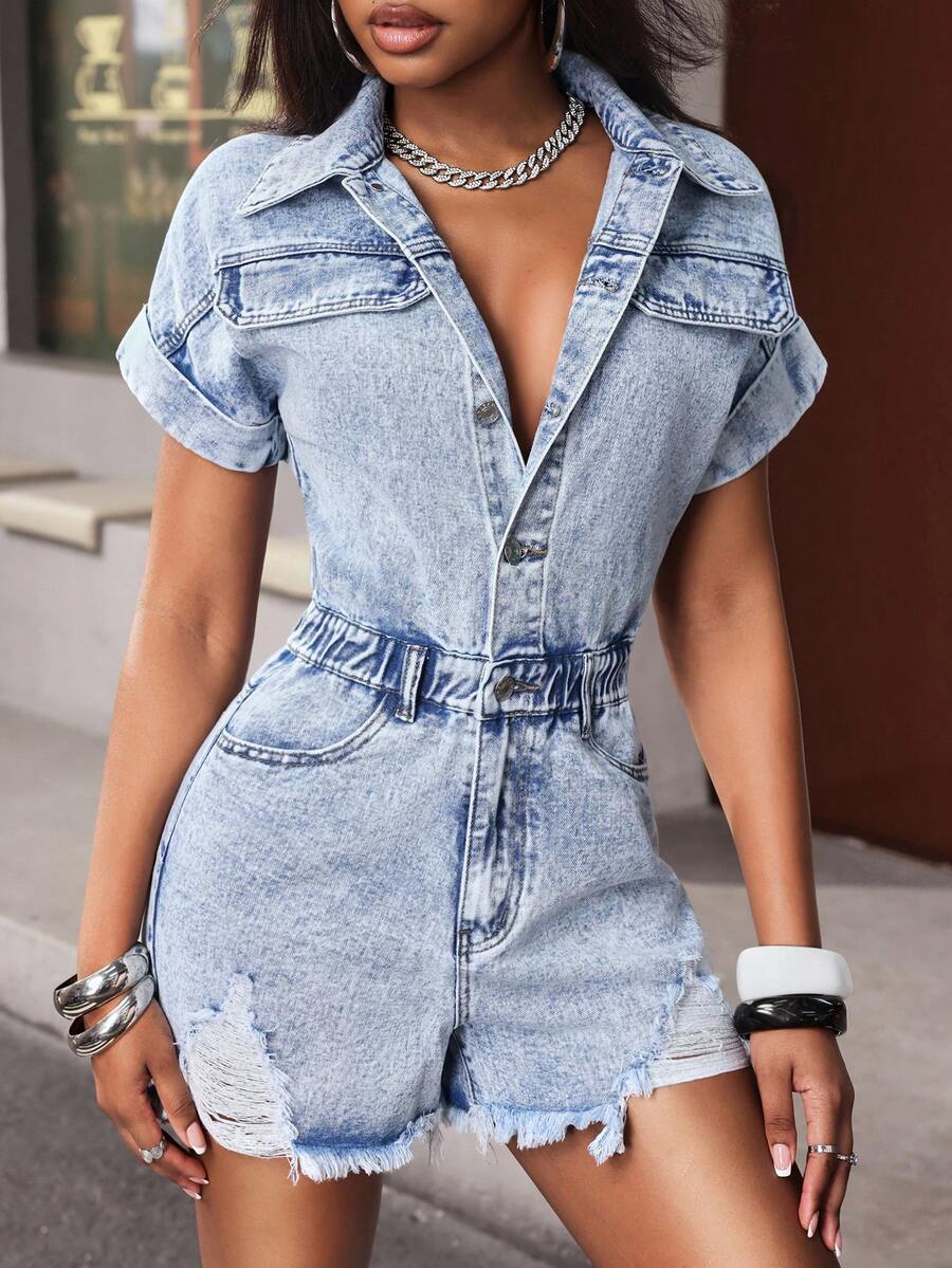 Jeanoix Women's Y2K Washed Distressed Button Half-Zip Denim Jumpsuit, Summer - Light Wash - View 1