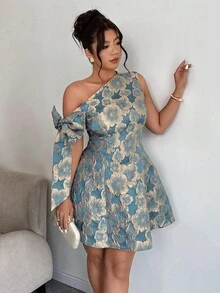 Elenzga 大码女士优雅夏季度假迷你连衣裙，不对称蝴蝶结装饰腰部修身A字提花面料短款派对连衣裙，适合婚礼、聚会、约会等场合。 - 彩色 - 查看 3
