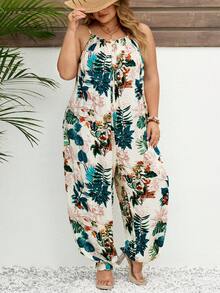 SHEIN CURVE+ Áo liền quần nữ mùa hè kiểu dáng rộng rãi, in họa tiết cây nhiệt đới, áo hai dây, áo liền quần kiểu Hawaii, áo liền quần mùa hè dáng rộng, áo liền quần kiểu Hawaii - Nhiều màu - Xem 9