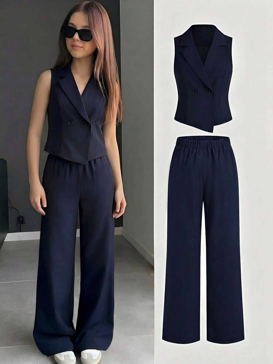 SHEIN Bộ đồ đôi cho bé gái tuổi teen: Áo tank top cổ chữ V không tay và quần dài, kiểu dáng thoải mái thường ngày. - Màu xanh hải quân - Xem 1