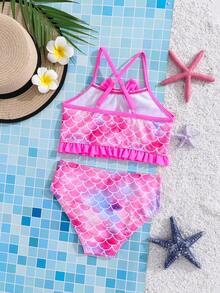 SHEIN Young Girl Mermaid Scale Print Bow Decor Bikini Set Holiday Beach Summer Cute - Pink - View 2