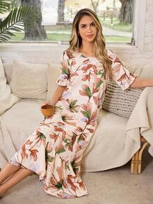 Serenescape Floral Print Patchwork Ruffle Hem Vacation Short Sleeve Women Nightgown - Multicolor - View 1