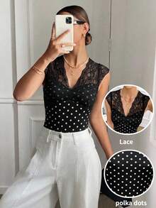Serisse Blusa elegante de mujer con parches de encaje y estampado de lunares, para verano - Blanco y Negro - Ver 2