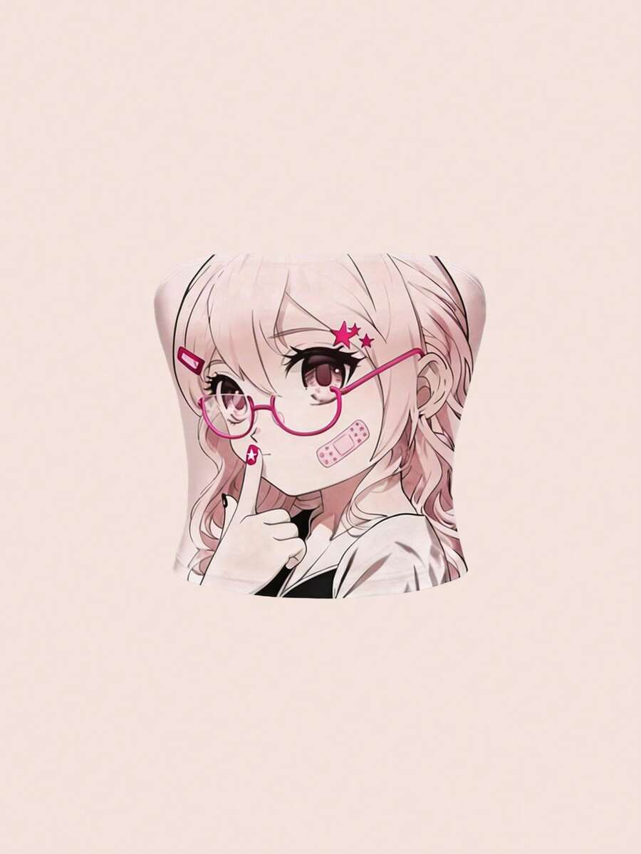 ROMWE Anime 夏日坏女孩复古动漫暗黑系抹胸上衣,黑白配色,女款 - 粉色 - 查看 1