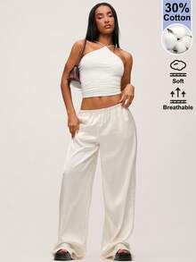 SHEIN BASICS Women's Solid Color Fitted Casual Halter Neck Tank Top - White - View 4