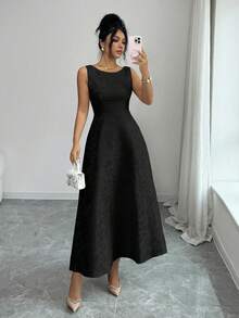 SHEIN Elenzya Đầm nữ Jacquard hở lưng thanh lịch dáng dài vừa, màu đen, thời trang khách mời đám cưới mùa hè, eo nhún, dáng chữ A, phong cách Pháp cổ điển, không tay, đầm tiệc - màu đen - Xem 9
