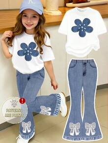 Tween Girls' Digital Cartoon Print Style Short Sleeve Top And Flare Pants Set, Casual & Comfortable Spring/Summer Outfit, Design Suitable For Outdoor, Picnic, Street Photography, Holiday, Gift - Multicolor - View 3