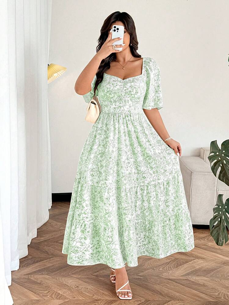 plus size green church dress Women's Plus Size Women's Church Dress – Elegant Midi Bodycon Short Sleeve With Floral Print & Belt, Sizes XS-3XL casual plus size green dress